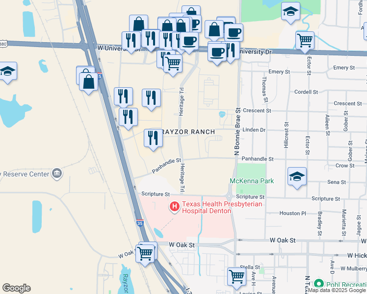 map of restaurants, bars, coffee shops, grocery stores, and more near 2620 Scripture Street in Denton