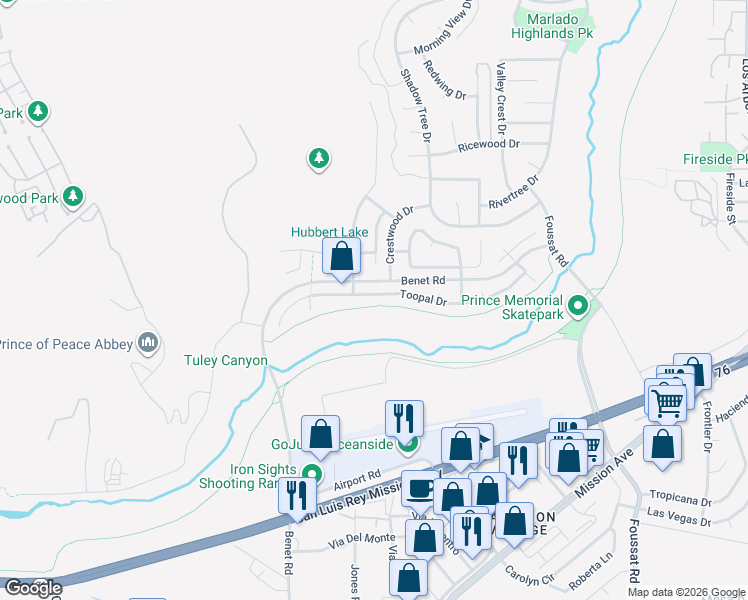 map of restaurants, bars, coffee shops, grocery stores, and more near 3207 Toopal Drive in Oceanside
