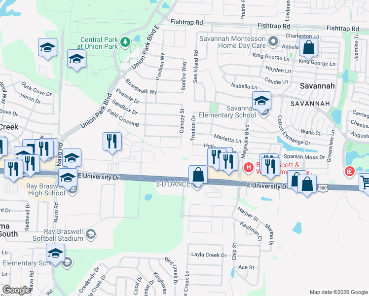 map of restaurants, bars, coffee shops, grocery stores, and more near 4200 Canopy Street in Aubrey