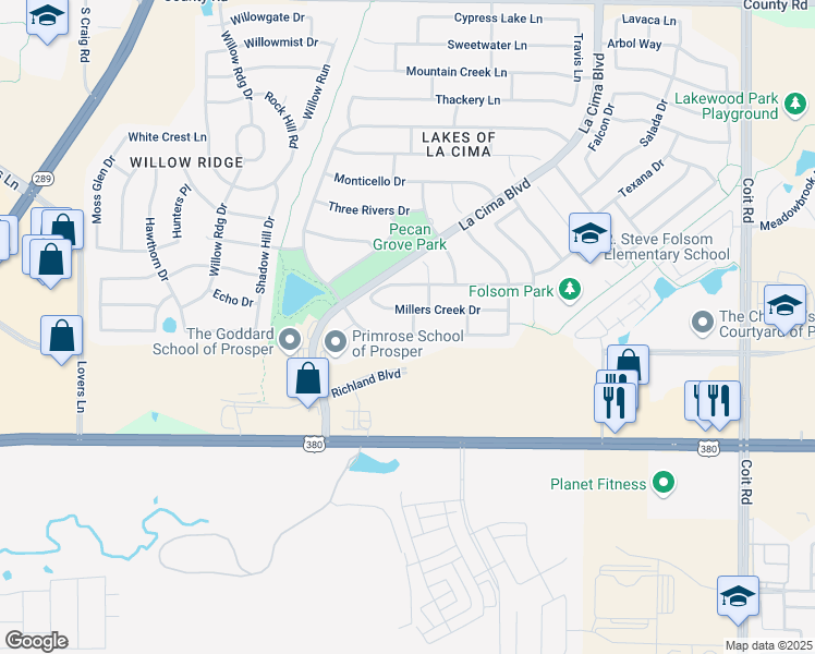 map of restaurants, bars, coffee shops, grocery stores, and more near 1200 Amistad Drive in Prosper