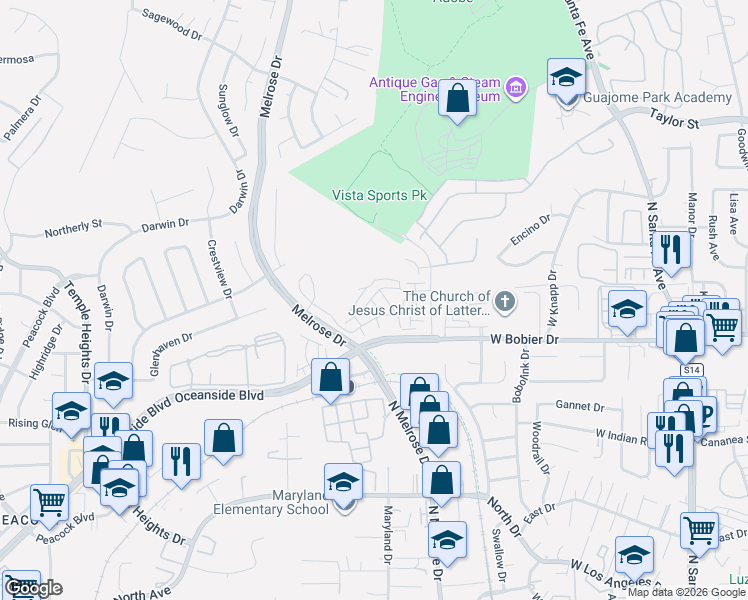 map of restaurants, bars, coffee shops, grocery stores, and more near 1716 Silverberry Way in Oceanside