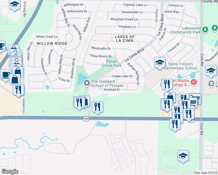map of restaurants, bars, coffee shops, grocery stores, and more near 1200 Amistad Drive in Prosper
