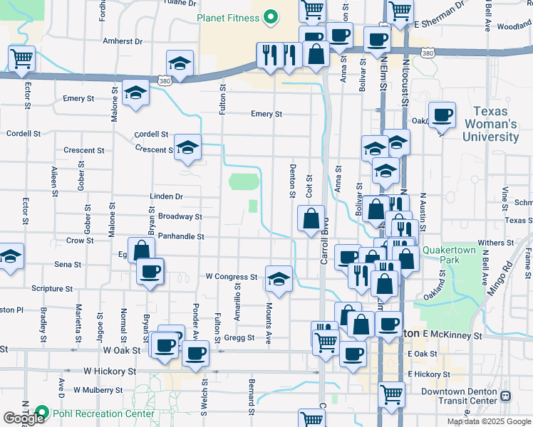 map of restaurants, bars, coffee shops, grocery stores, and more near 812 Alice Street in Denton
