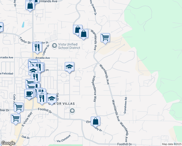 map of restaurants, bars, coffee shops, grocery stores, and more near 1530 Independence Way in Vista