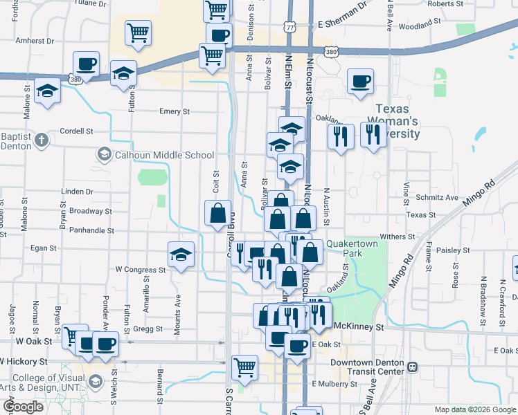 map of restaurants, bars, coffee shops, grocery stores, and more near 817 Bolivar Street in Denton