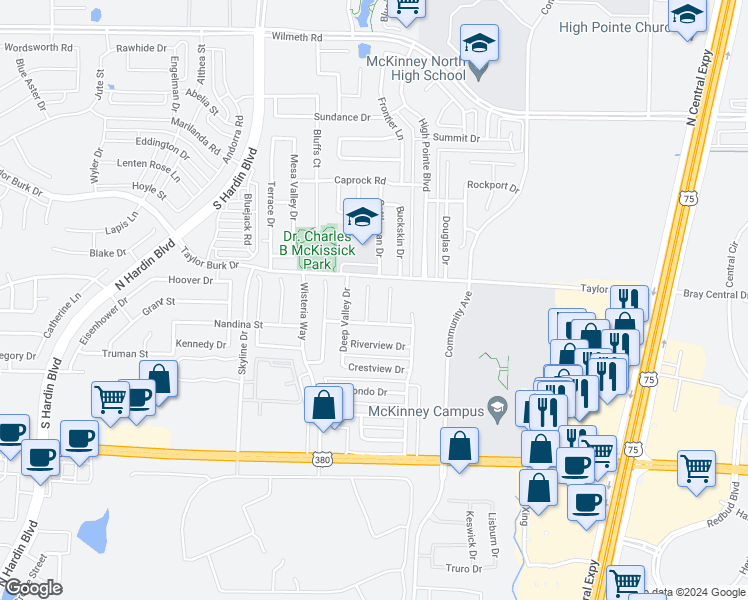 map of restaurants, bars, coffee shops, grocery stores, and more near 2208 Ridgewood Drive in McKinney