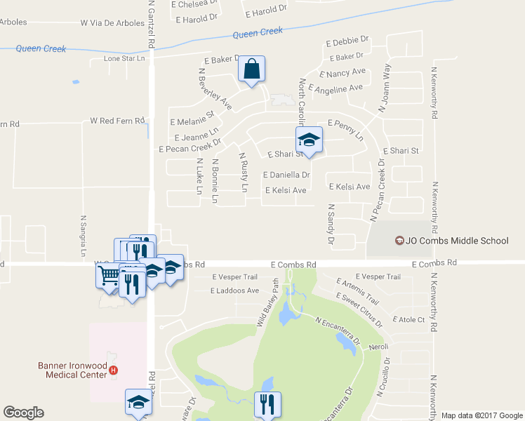 map of restaurants, bars, coffee shops, grocery stores, and more near 873 East Leslie Avenue in Queen Creek