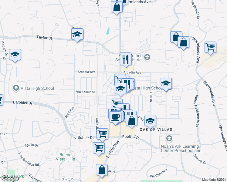 map of restaurants, bars, coffee shops, grocery stores, and more near 1600 East Vista Way in Vista