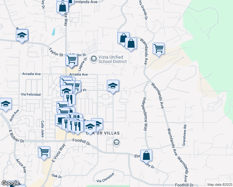 map of restaurants, bars, coffee shops, grocery stores, and more near 1575 Bonair Road in Vista