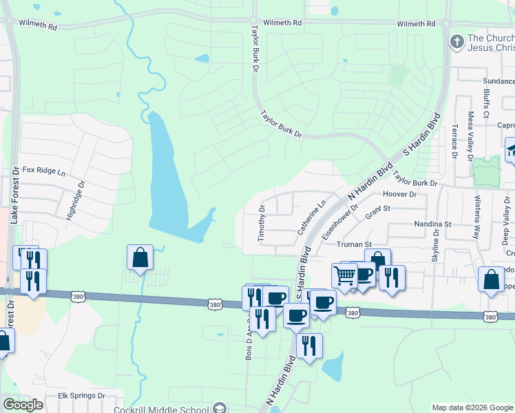 map of restaurants, bars, coffee shops, grocery stores, and more near 2209 Timothy Drive in McKinney