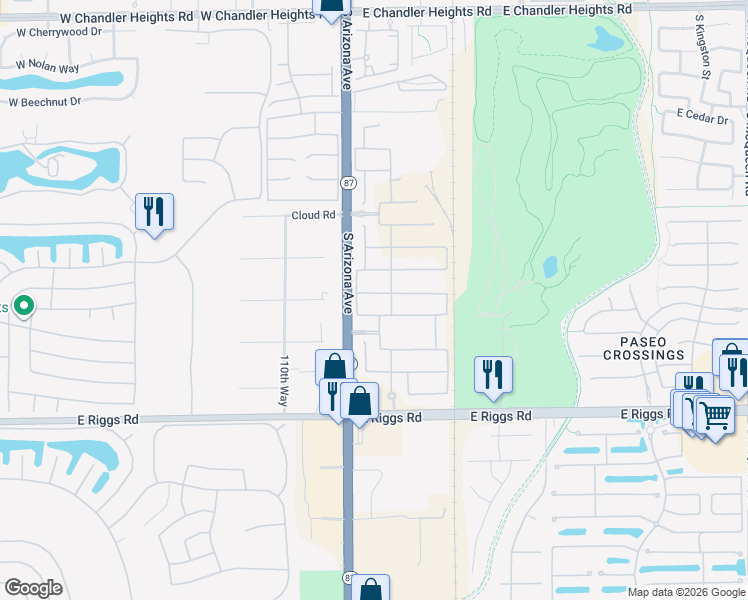 map of restaurants, bars, coffee shops, grocery stores, and more near 93 East Capricorn Way in Chandler