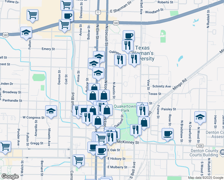 map of restaurants, bars, coffee shops, grocery stores, and more near 912 North Austin Street in Denton