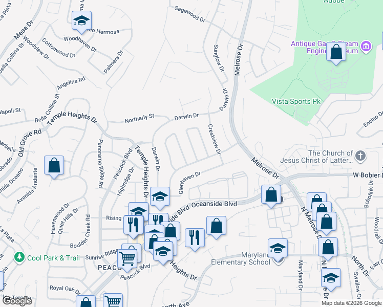 map of restaurants, bars, coffee shops, grocery stores, and more near 1459 Westmore Place in Oceanside
