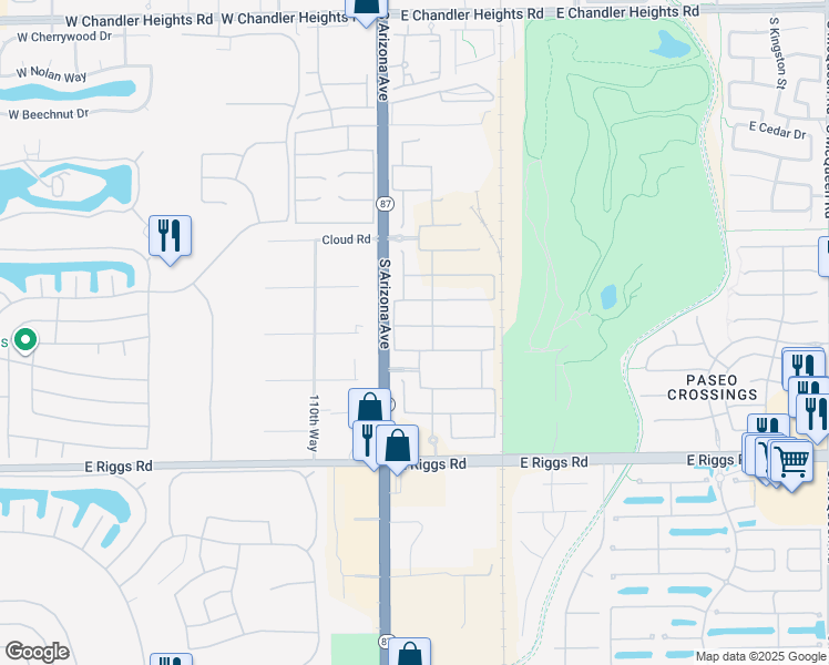 map of restaurants, bars, coffee shops, grocery stores, and more near 93 East Capricorn Way in Chandler