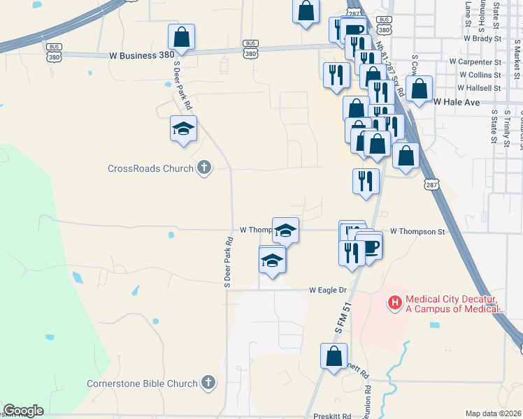map of restaurants, bars, coffee shops, grocery stores, and more near 1301 West Thompson Street in Decatur
