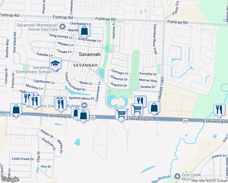 map of restaurants, bars, coffee shops, grocery stores, and more near 701 Savannah Boulevard in Denton County