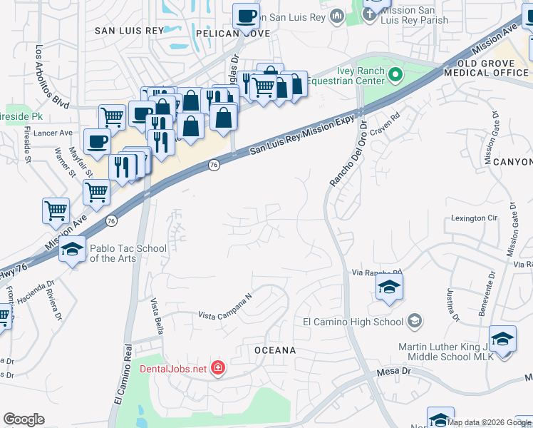 map of restaurants, bars, coffee shops, grocery stores, and more near 3788 San Ramon Drive in Oceanside