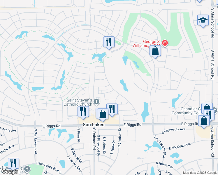 map of restaurants, bars, coffee shops, grocery stores, and more near 24815 South Pleasant Court in Sun Lakes