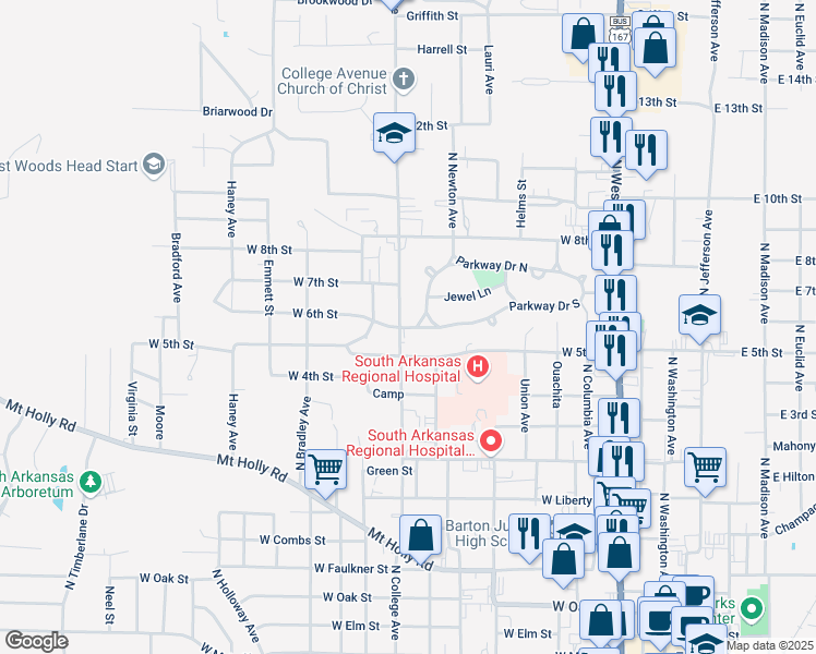 map of restaurants, bars, coffee shops, grocery stores, and more near 1000 North College Avenue in El Dorado