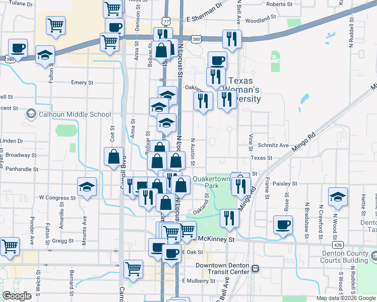 map of restaurants, bars, coffee shops, grocery stores, and more near 1005 North Austin Street in Denton