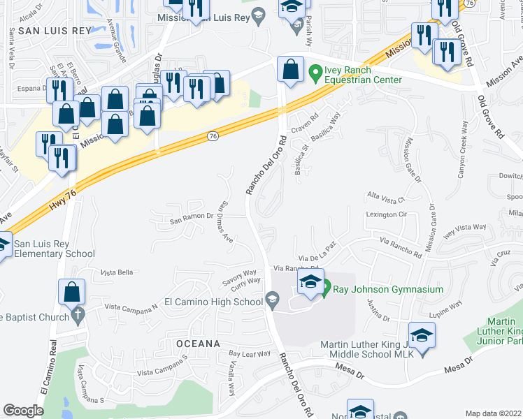 map of restaurants, bars, coffee shops, grocery stores, and more near 264 Rancho Del Oro Drive in Oceanside