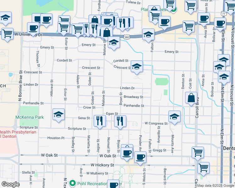 map of restaurants, bars, coffee shops, grocery stores, and more near 1401 Linden Drive in Denton