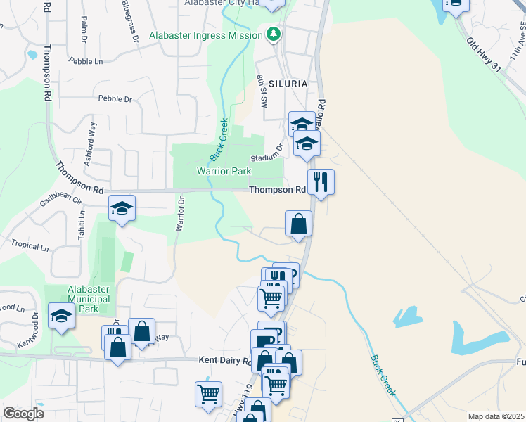 map of restaurants, bars, coffee shops, grocery stores, and more near 9871 Highway 119 in Alabaster