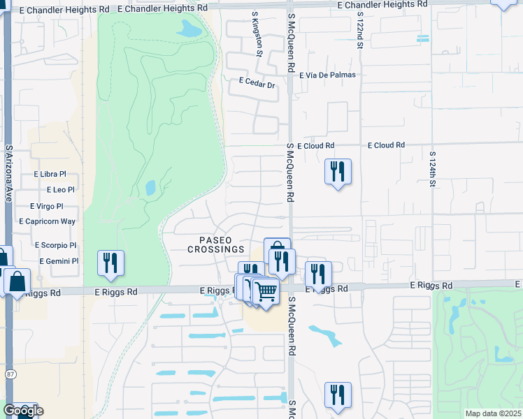 map of restaurants, bars, coffee shops, grocery stores, and more near 956 East Virgo Place in Chandler