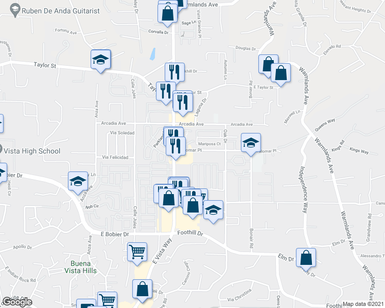 map of restaurants, bars, coffee shops, grocery stores, and more near 1106 Madera Lane in Vista