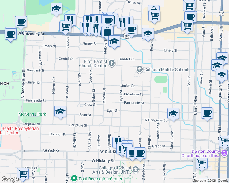 map of restaurants, bars, coffee shops, grocery stores, and more near 1503 Linden Drive in Denton