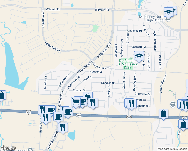 map of restaurants, bars, coffee shops, grocery stores, and more near 3216 Grant Street in McKinney