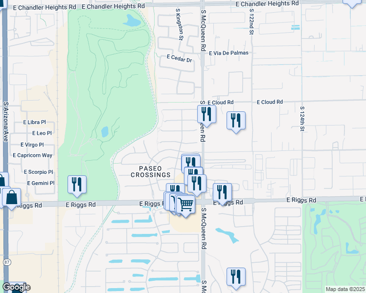 map of restaurants, bars, coffee shops, grocery stores, and more near 956 East Virgo Place in Chandler