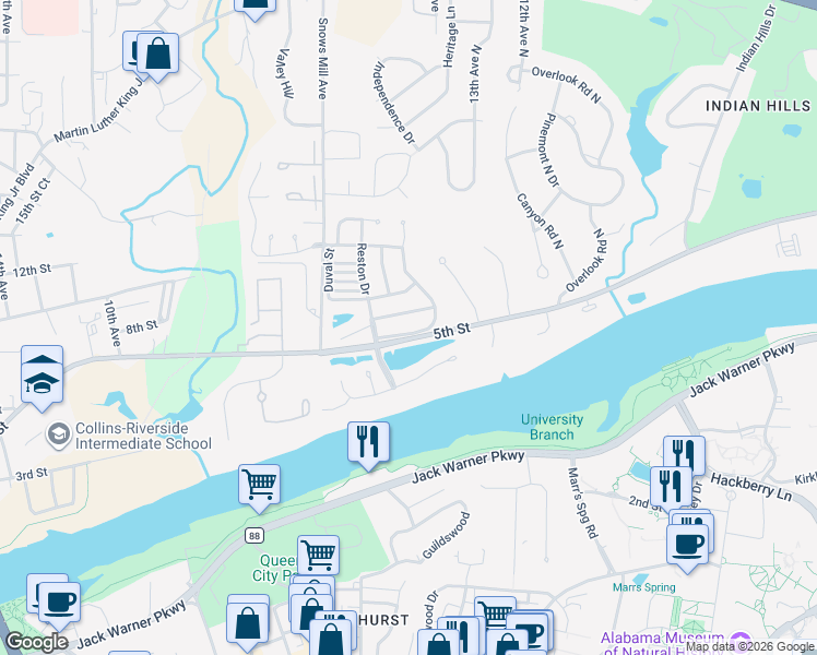 map of restaurants, bars, coffee shops, grocery stores, and more near 1508 Shallow Creek Road in Tuscaloosa