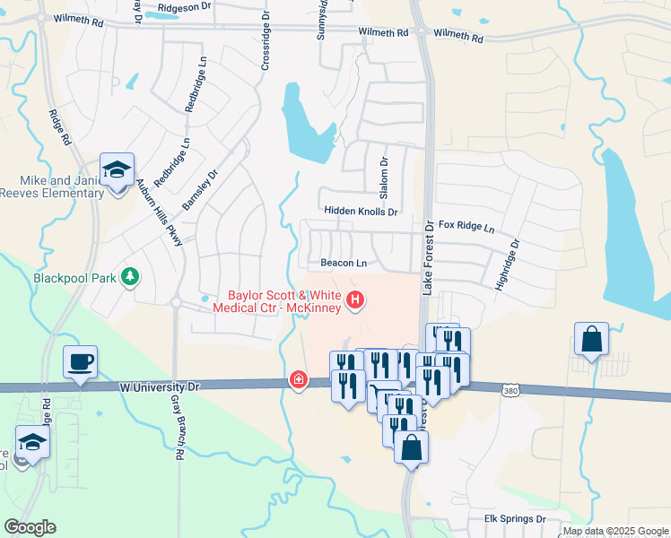 map of restaurants, bars, coffee shops, grocery stores, and more near 5313 Beacon Lane in McKinney