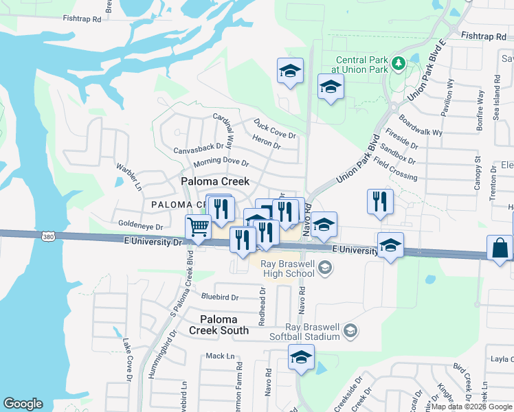 map of restaurants, bars, coffee shops, grocery stores, and more near 1809 Sparrow Lane in Aubrey