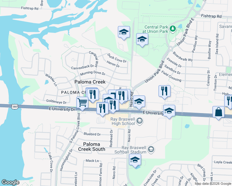 map of restaurants, bars, coffee shops, grocery stores, and more near 716 Becard Drive in Aubrey