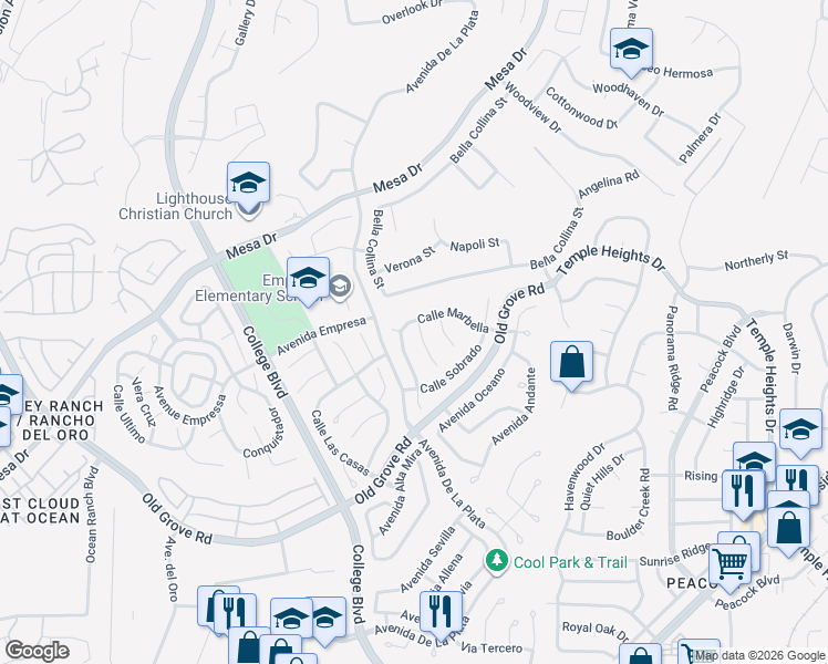 map of restaurants, bars, coffee shops, grocery stores, and more near 1439 Via Marguerita in Oceanside