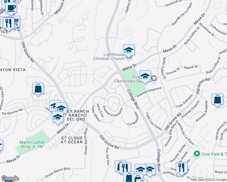 map of restaurants, bars, coffee shops, grocery stores, and more near 1306 Calle Goya in Oceanside