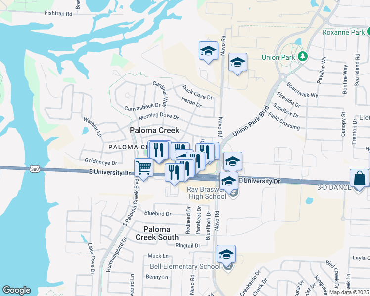 map of restaurants, bars, coffee shops, grocery stores, and more near 1809 Sparrow Lane in Aubrey