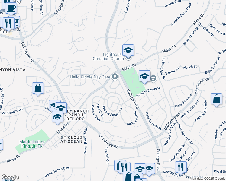map of restaurants, bars, coffee shops, grocery stores, and more near 4651 Calle Del Greco in Oceanside