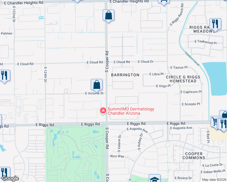 map of restaurants, bars, coffee shops, grocery stores, and more near 2031 East Virgo Place in Chandler