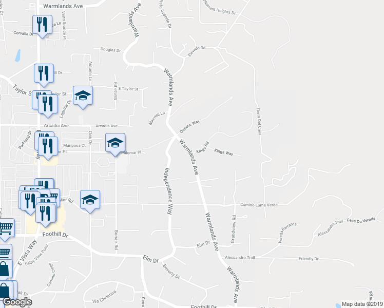 map of restaurants, bars, coffee shops, grocery stores, and more near Warmlands Avenue & Kings Road in Vista