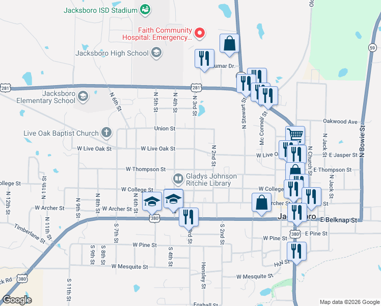 map of restaurants, bars, coffee shops, grocery stores, and more near 604 West Live Oak Street in Jacksboro
