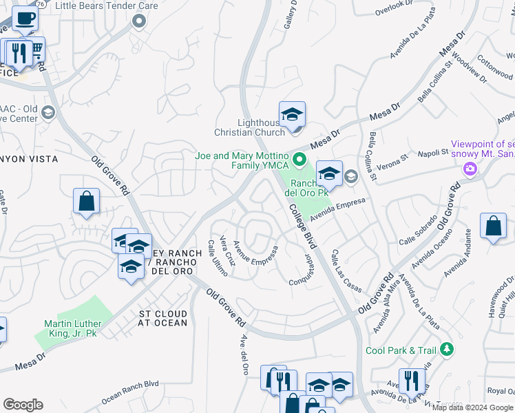 map of restaurants, bars, coffee shops, grocery stores, and more near 4651 Calle Del Greco in Oceanside