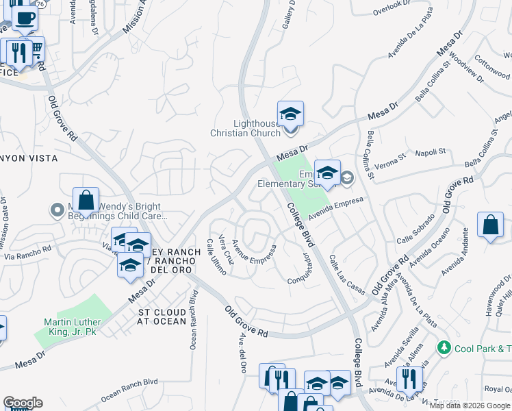 map of restaurants, bars, coffee shops, grocery stores, and more near 1306 Calle Goya in Oceanside