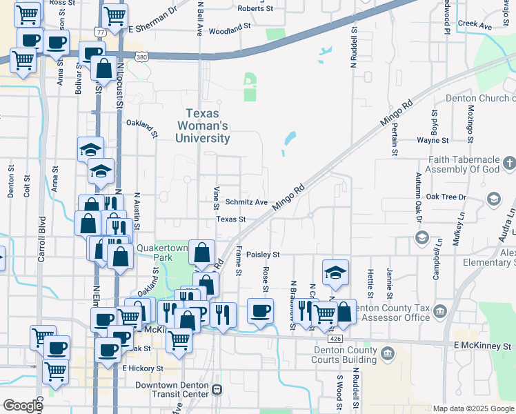 map of restaurants, bars, coffee shops, grocery stores, and more near 737 Schmitz Avenue in Denton
