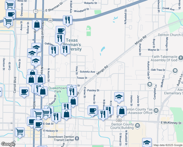 map of restaurants, bars, coffee shops, grocery stores, and more near 737 Schmitz Avenue in Denton