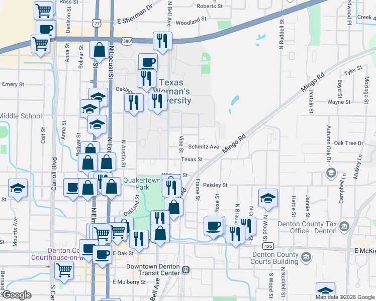 map of restaurants, bars, coffee shops, grocery stores, and more near 629 Schmitz Avenue in Denton