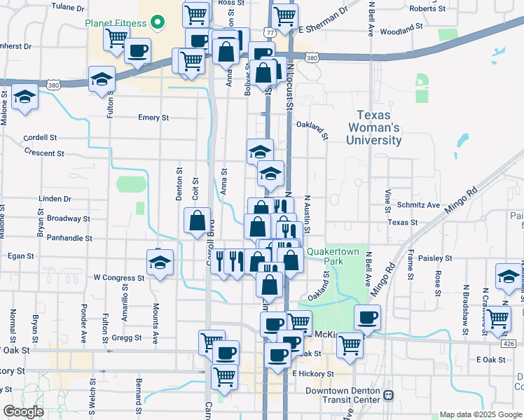 map of restaurants, bars, coffee shops, grocery stores, and more near 1013 North Elm Street in Denton
