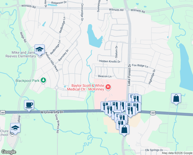 map of restaurants, bars, coffee shops, grocery stores, and more near 2209 Preston Lane in McKinney